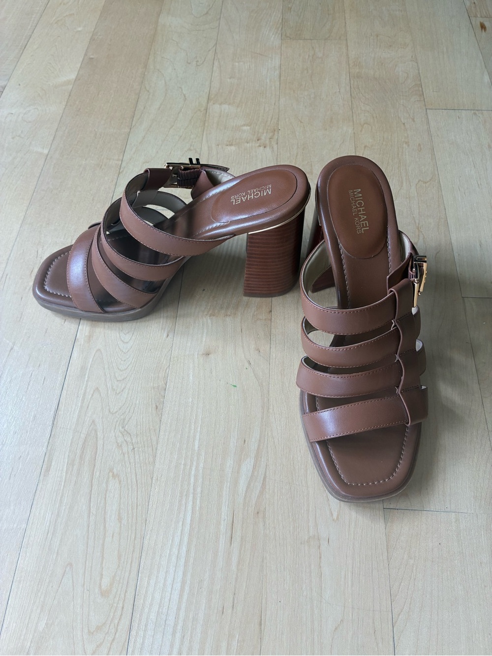 Michael Kors Cognac Multi-Strap Block Heel Sandals